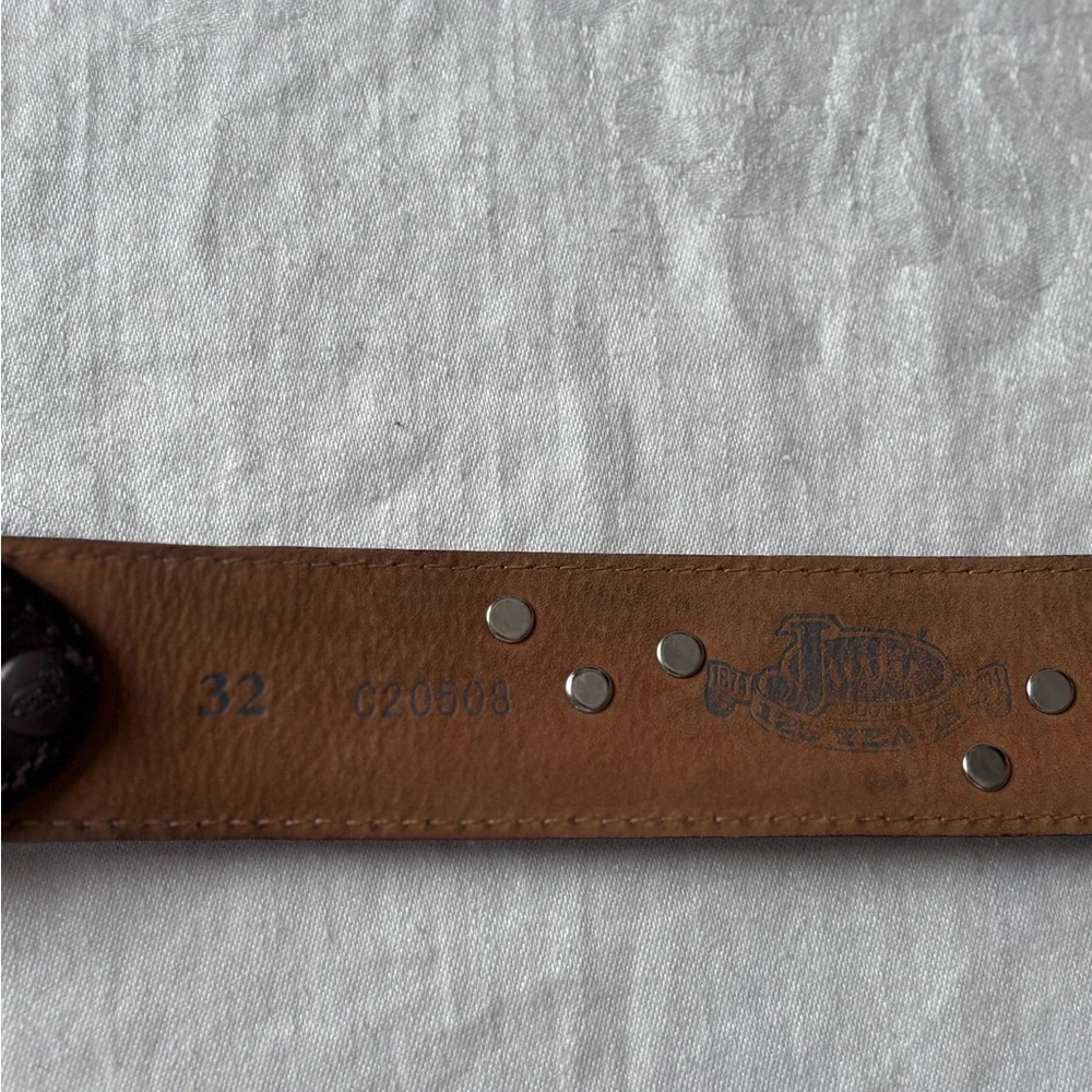 Justin Boots Brown Tooled Leather Belt Bronze Tone Rhinestone Heart Buckle 32 - Picture 6 of 11